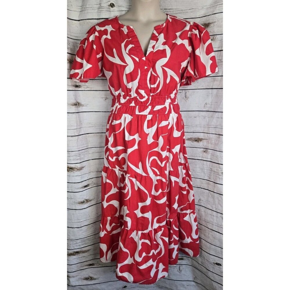 Meadow Rhodes Red Floral Midi Dress 2X Midi Tiered 100% Cotton Womens